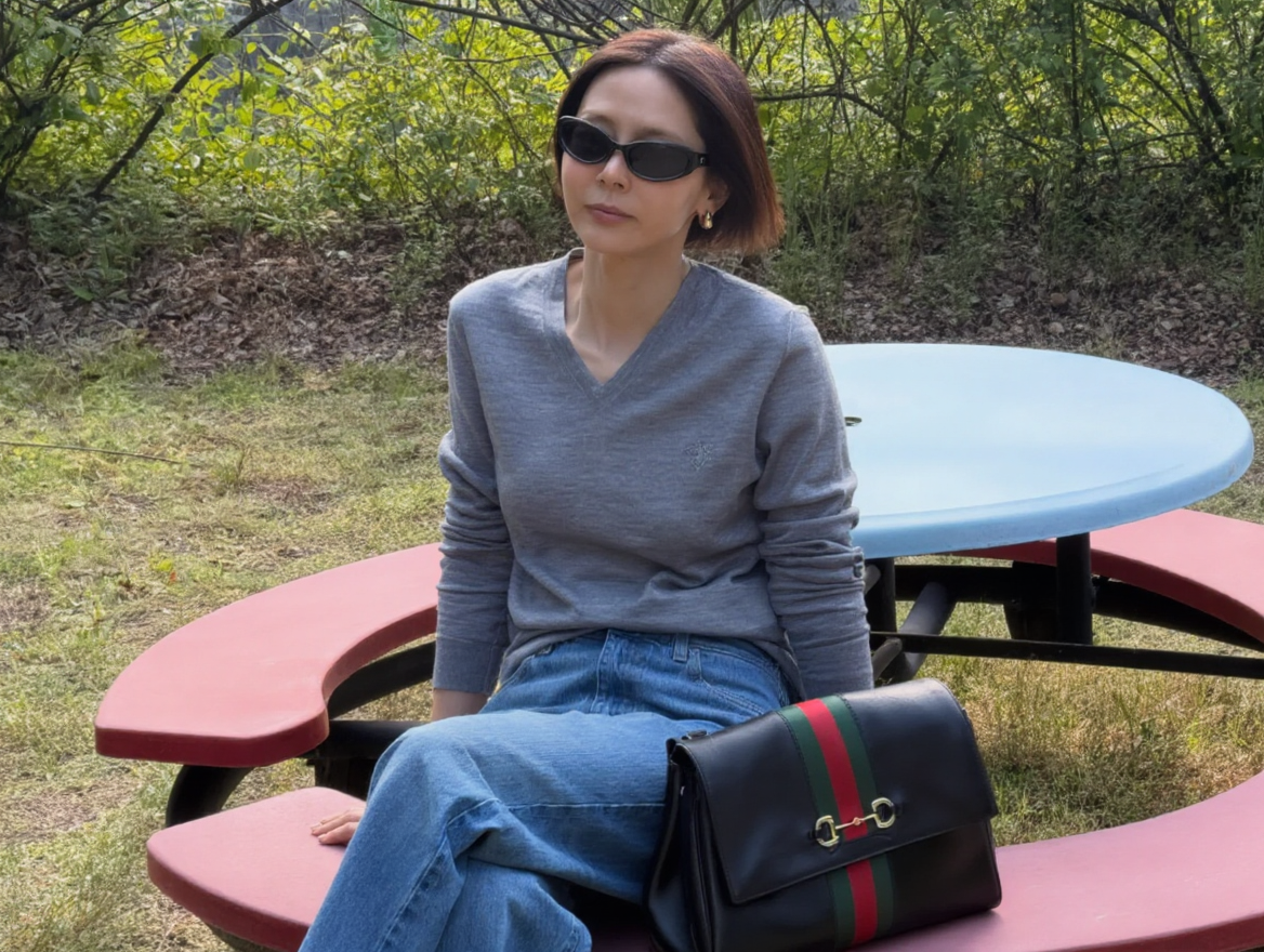 Analysis of KimNaYoungFashion featuring a Gucci V-neck knit and wide denim.
